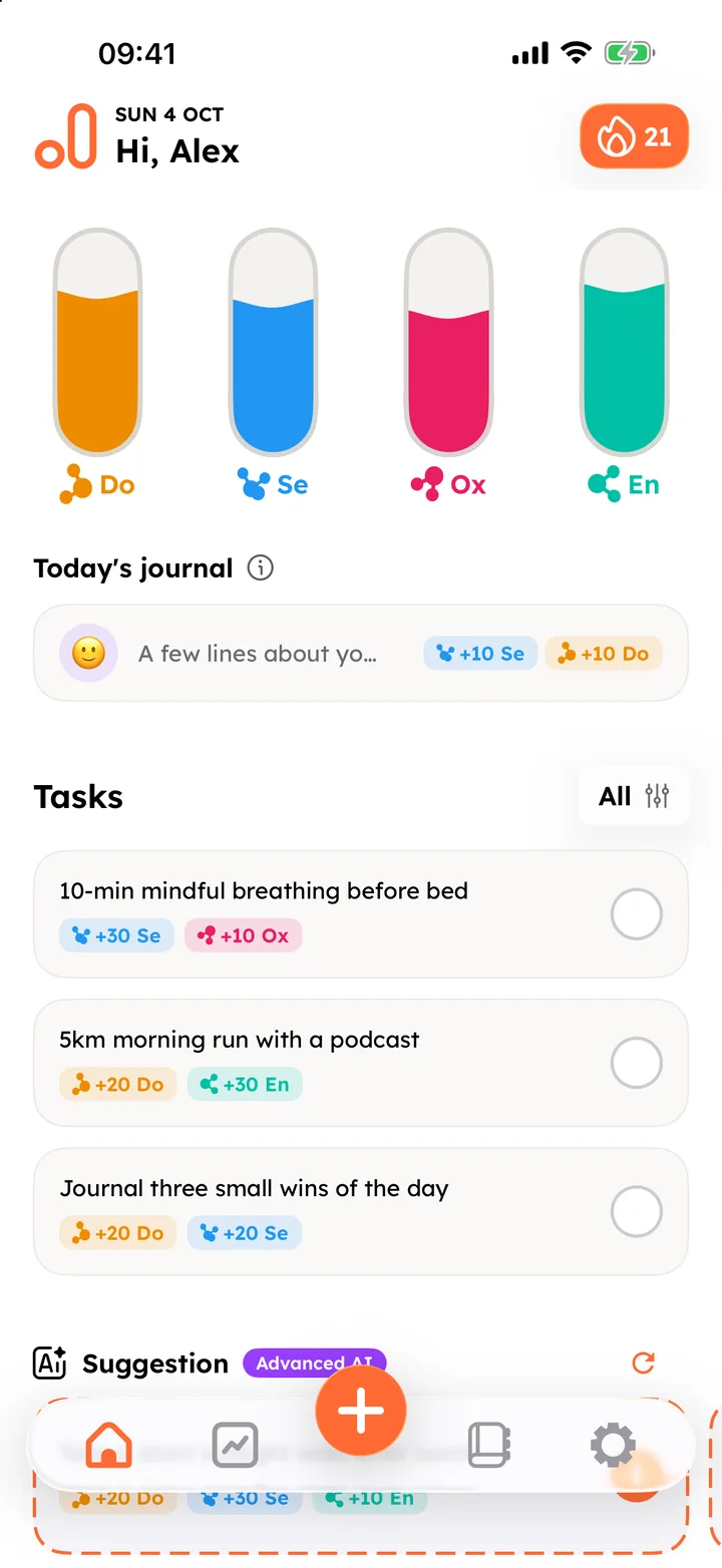 Dopa: the home screen with four happy-hormone levels